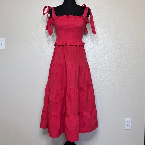 Tuckernuck Alannah Poppy Red Sleeveless Bow Smocked Cotton Midi Dress Size Small - Picture 2 of 8